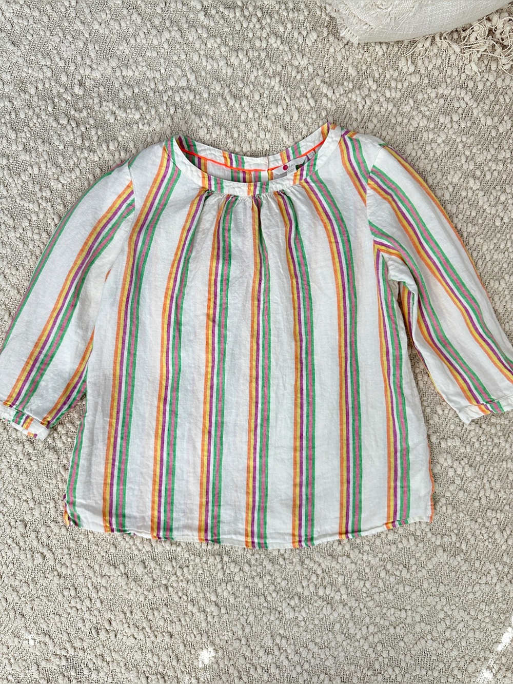 Boden Katie Linen Top US 12 UK 16 Colorful Stripe 3/4 Sleeve Button Back Blouse